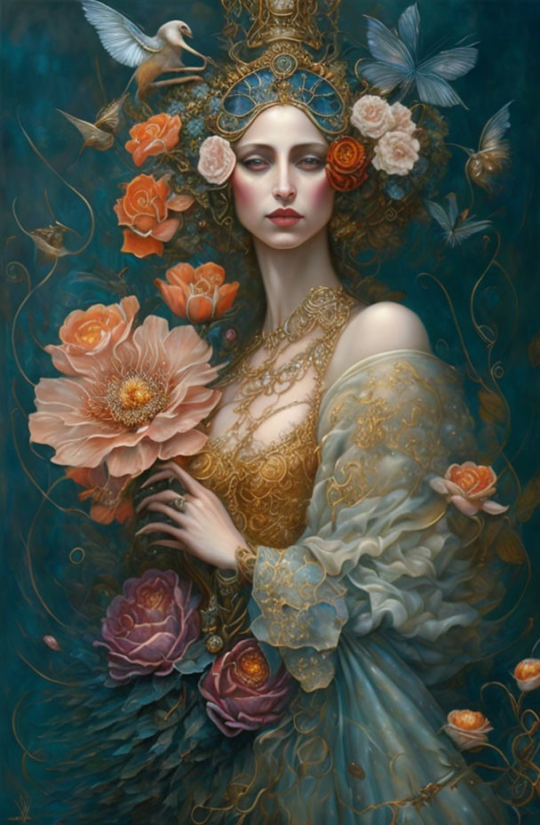 Ethereal woman in golden attire with flowers and bird