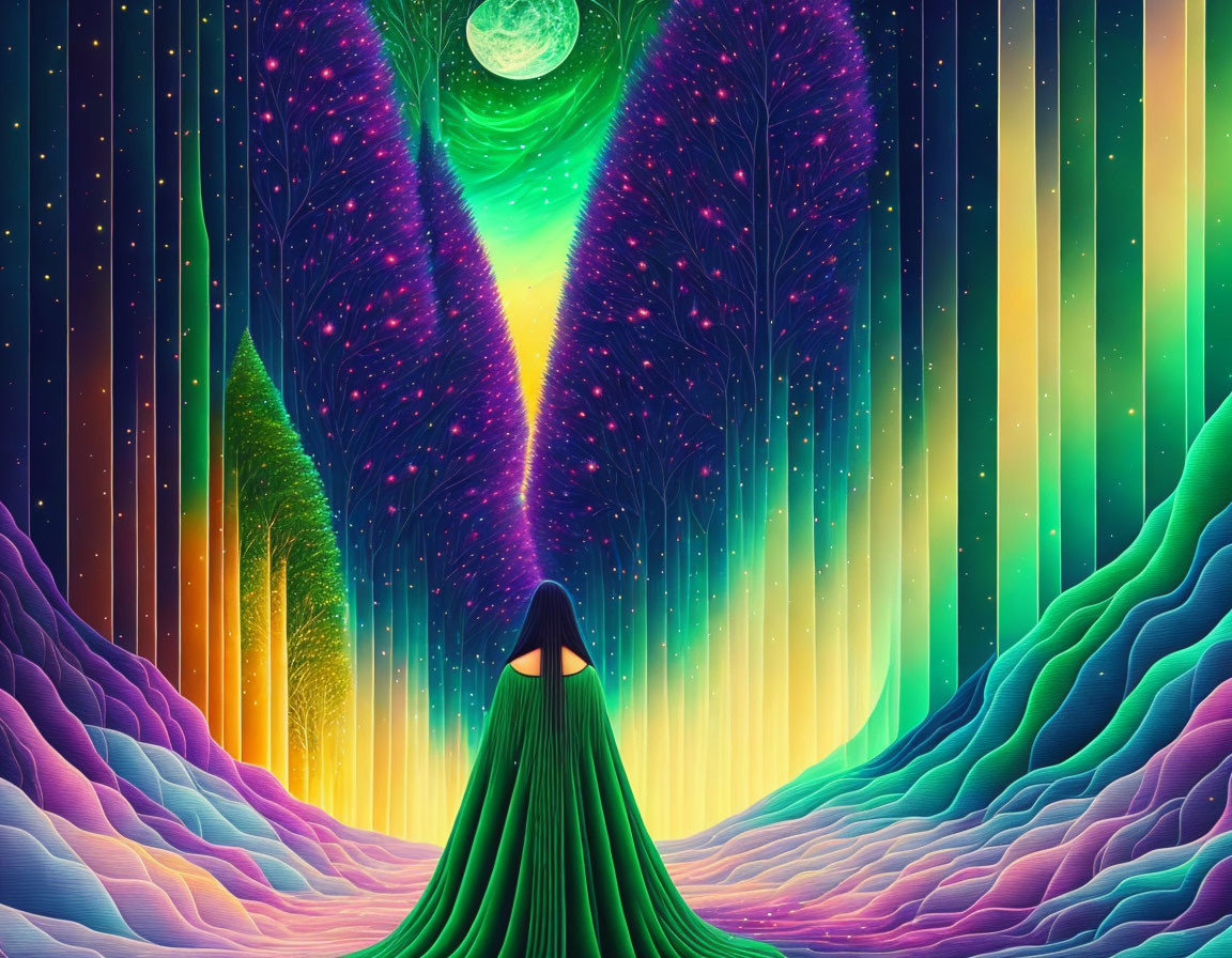 Colorful Digital Artwork: Cloaked Figure in Psychedelic Landscape