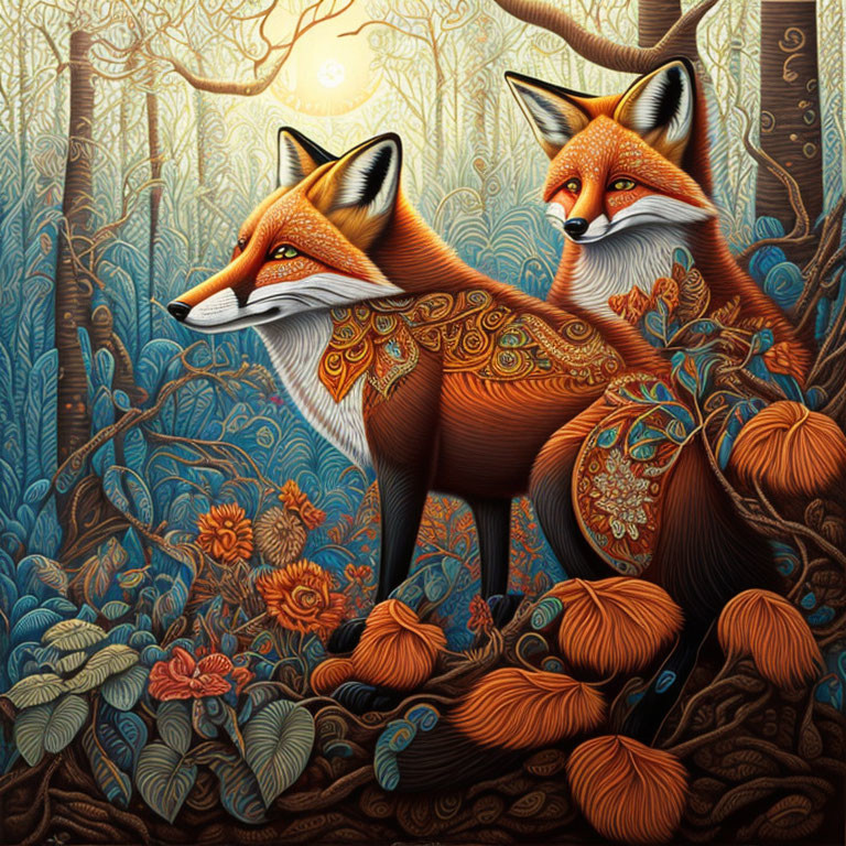 Patterned foxes in vibrant forest with glowing sun