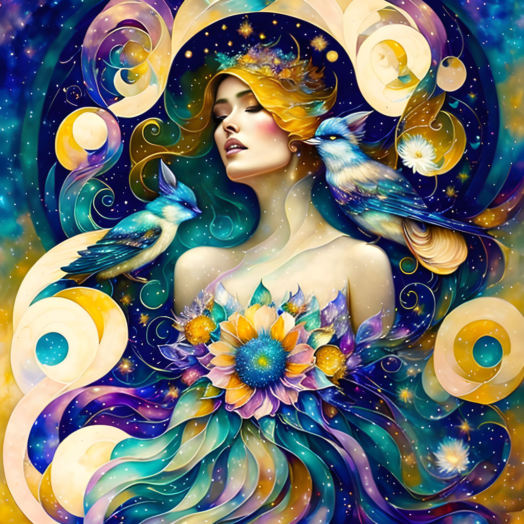 Vibrant illustration of a woman in flowing gown with celestial motifs