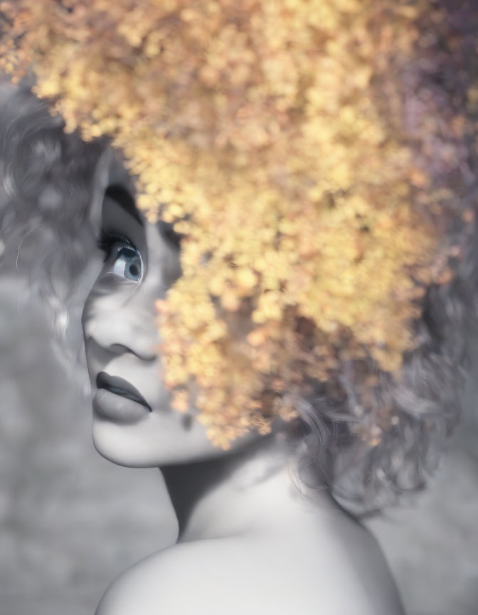 Portrait of a person with curly hair and golden flower adornments.