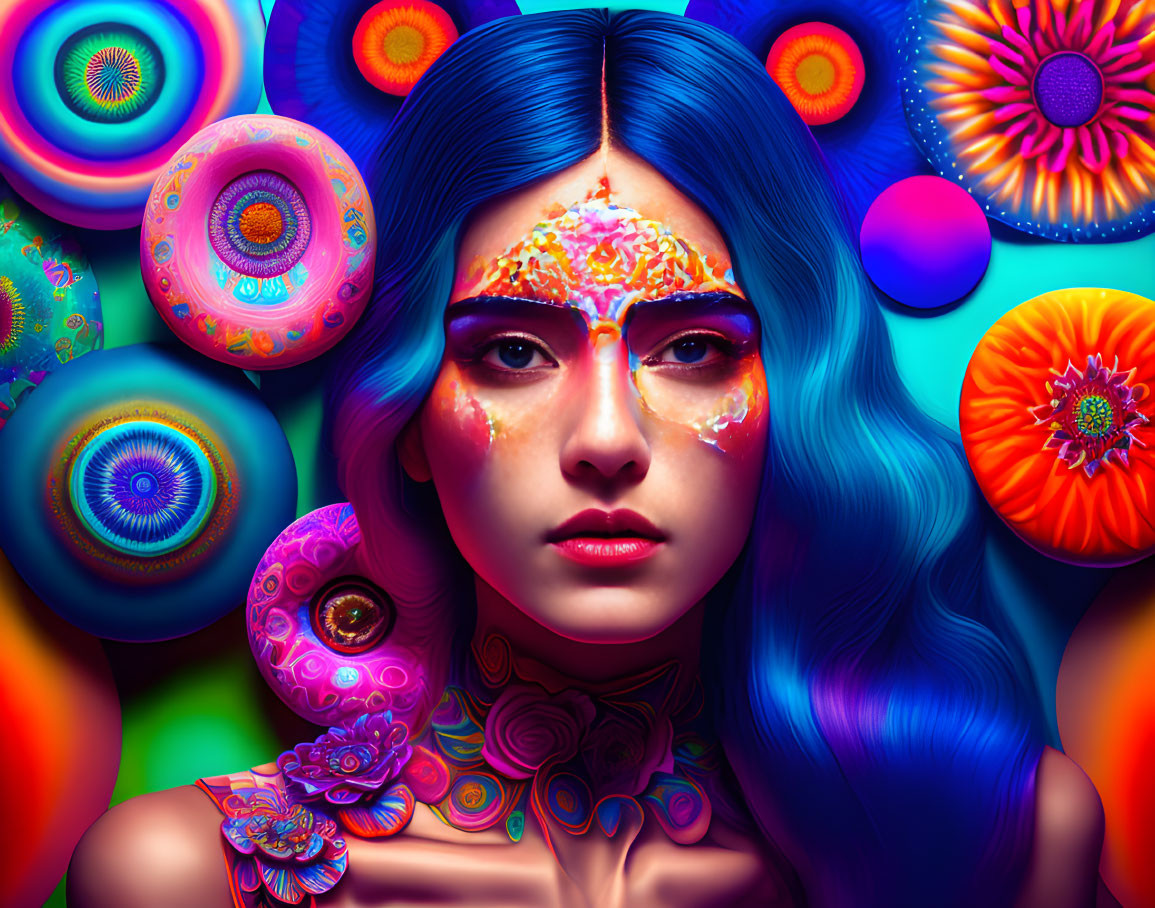 Vibrant blue-haired woman in colorful psychedelic setting