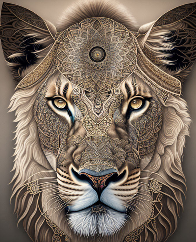 Detailed monochromatic lion face illustration with mandala designs