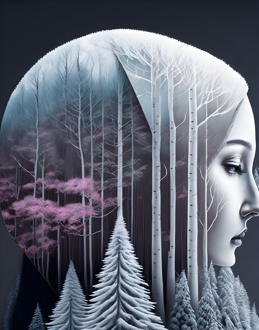 Woman's profile with transparent head showing serene forest in different seasons