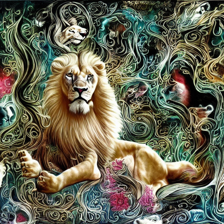 Colorful Psychedelic Lion Artwork with Swirling Patterns