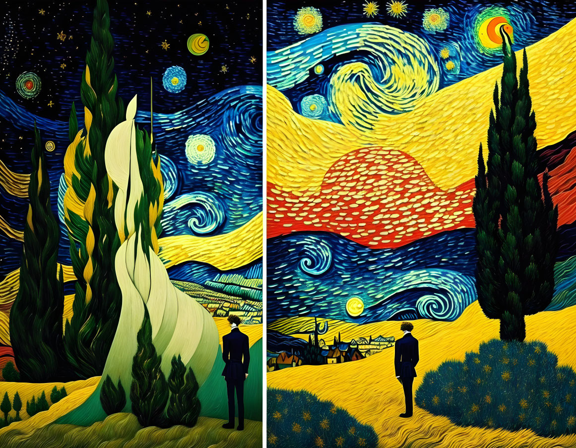 Stylized paintings of a person in silhouette under vibrant night sky and sunlit landscape