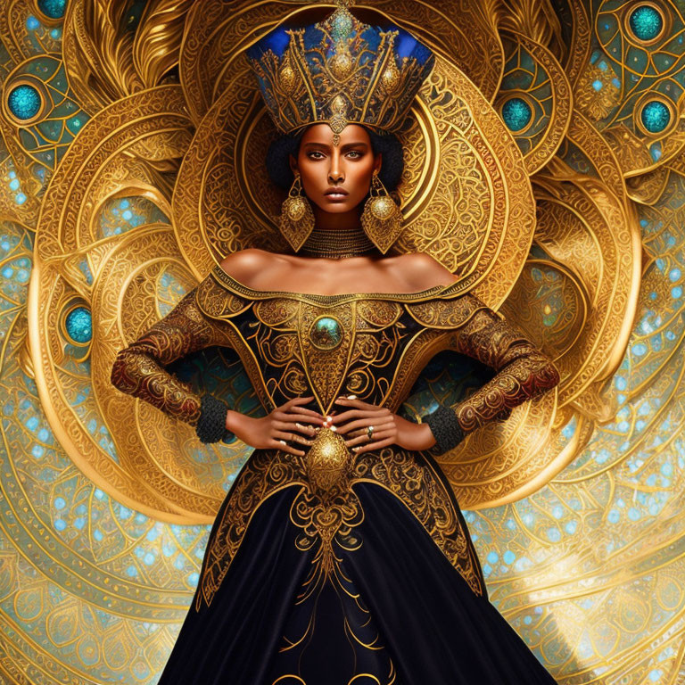 Regal Figure in Ornate Gold Headpiece on Golden Backdrop