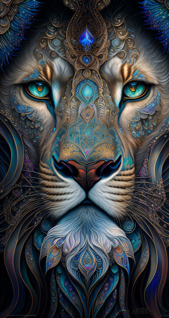 Intricate lion digital artwork with ornamental patterns and blue eyes