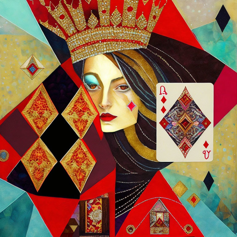 Colorful Queen of Diamonds Playing Card Artwork with Geometric Patterns