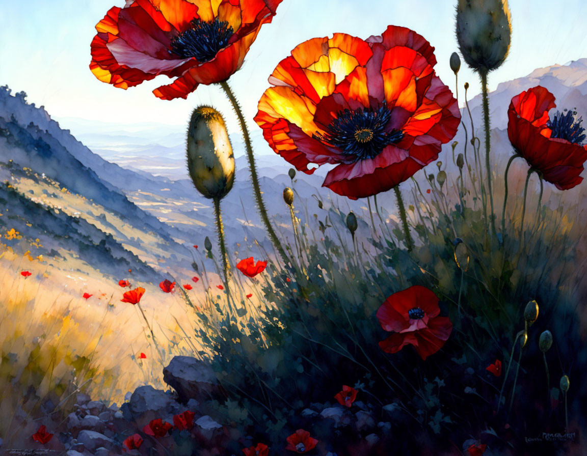 Red poppies and buds in sunlit mountain landscape with gradient sky.