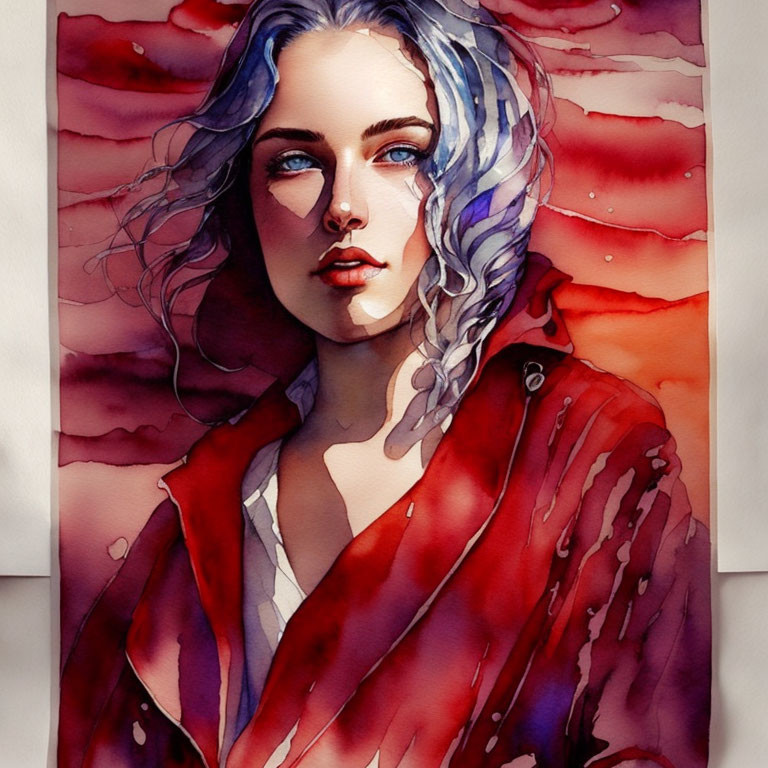 Portrait of Woman with White and Blue Hair in Red Cloak