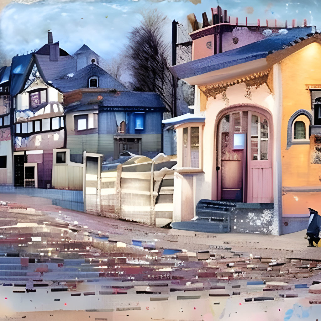 Digital collage of diverse architecture and figure walking in distorted street scene