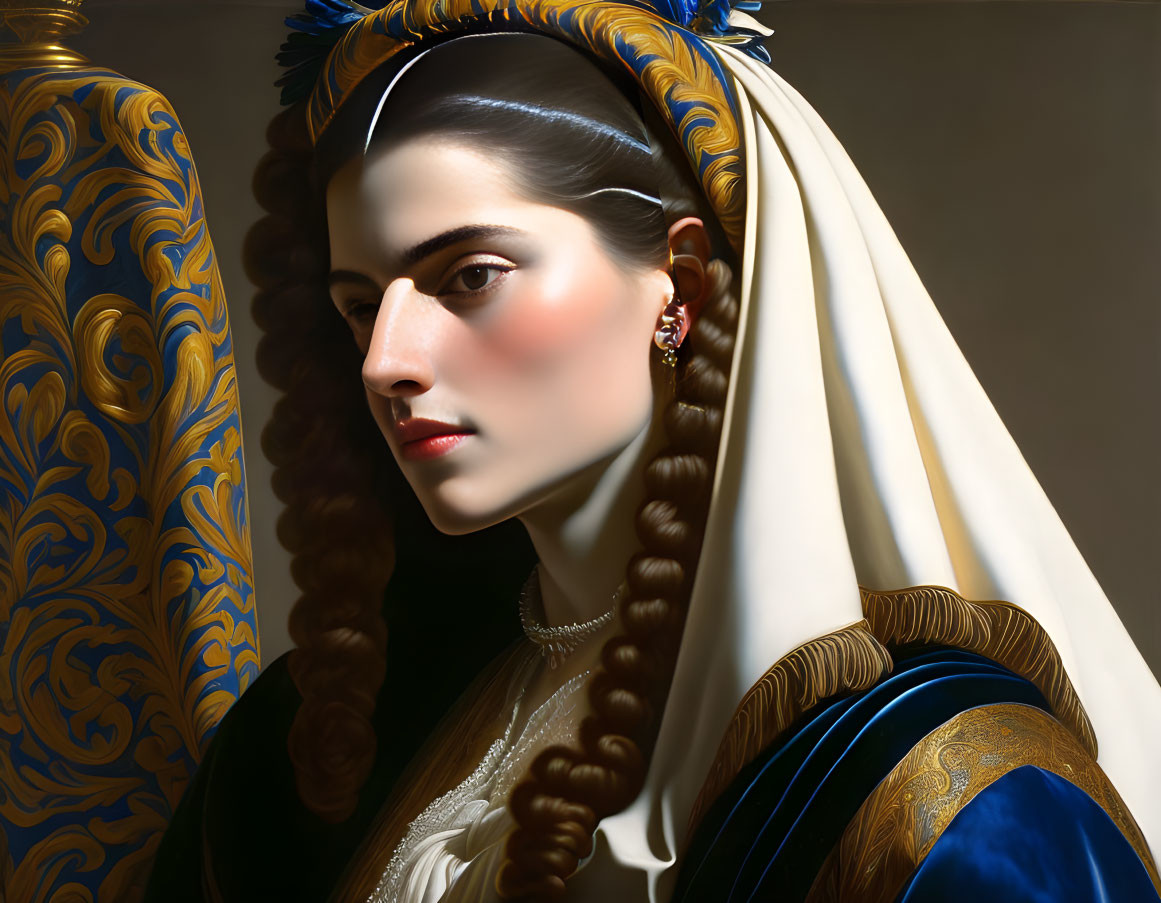 Woman with Braided Hair and Headscarf in Blue Dress with Gold Details