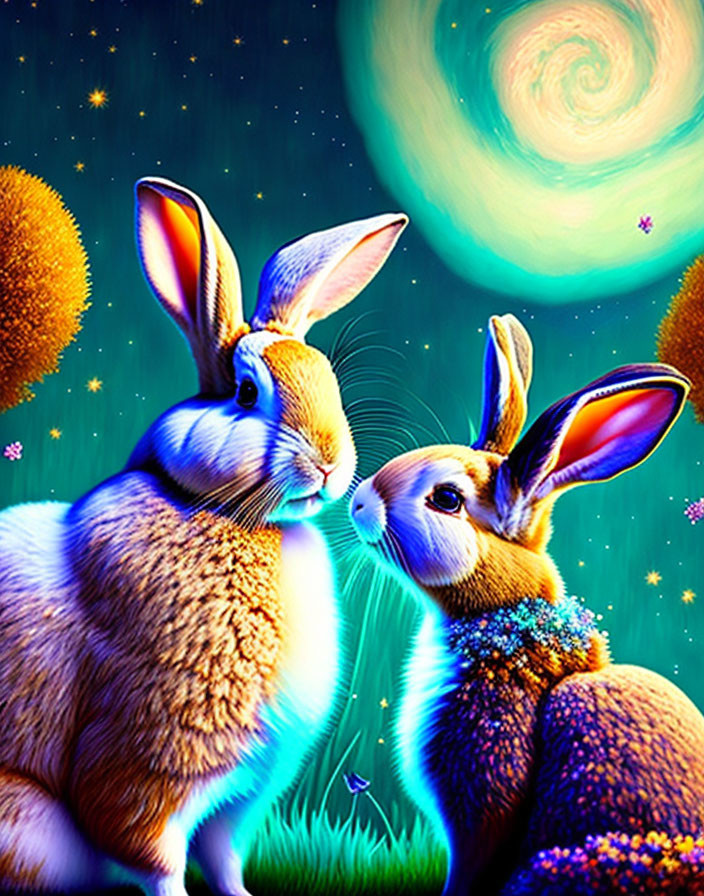 Two rabbits in fantastical galaxy setting with lush greenery