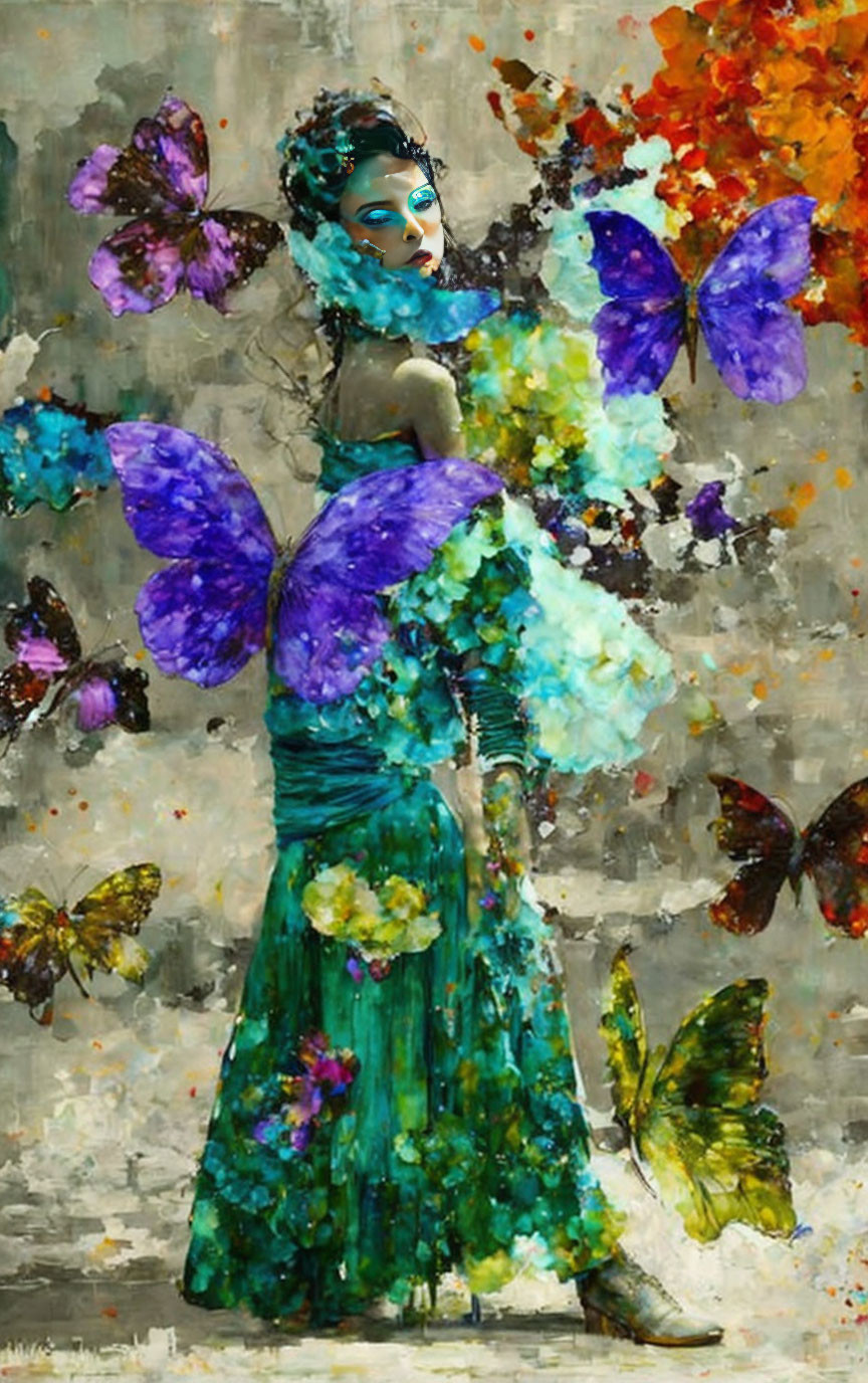 Colorful figure with butterfly wings and floral patterns on textured gray backdrop