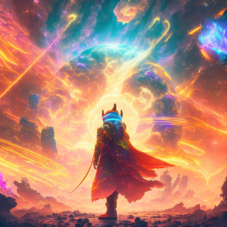 Elaborate armored figure in cosmic backdrop with galaxies and nebulas