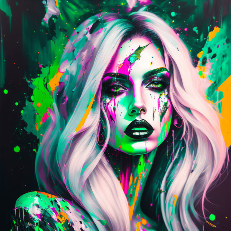 Colorful digital portrait of a woman with white hair and neon paint splashes.