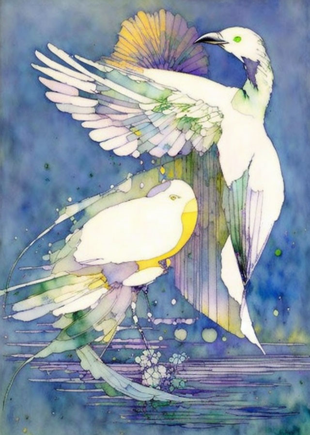 Stylized birds in flight watercolor painting with pastel hues and speckled details