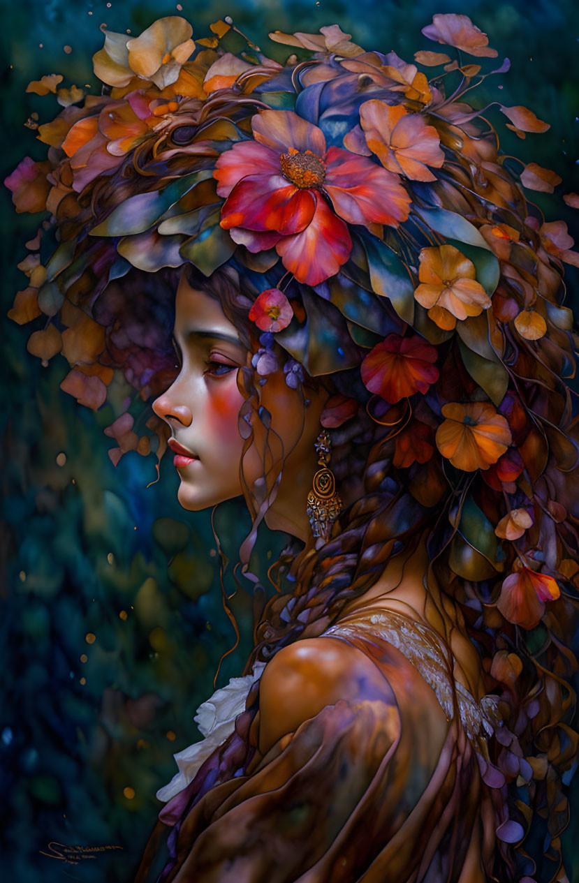 Woman's portrait with autumnal flowers and leaves in hair, rich colors and fantasy theme