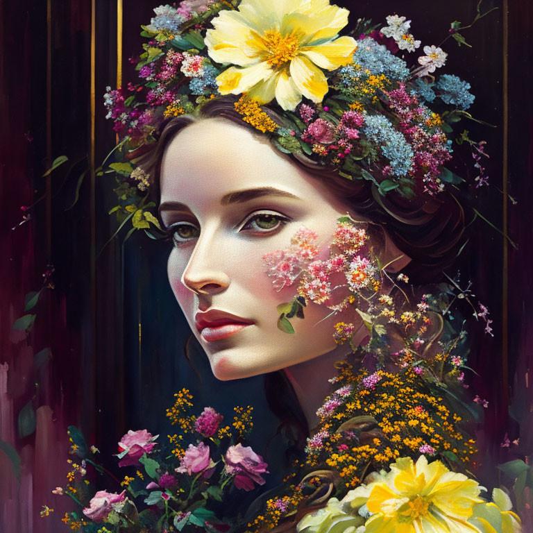 Portrait of woman with floral crown and merged flowers on dark background