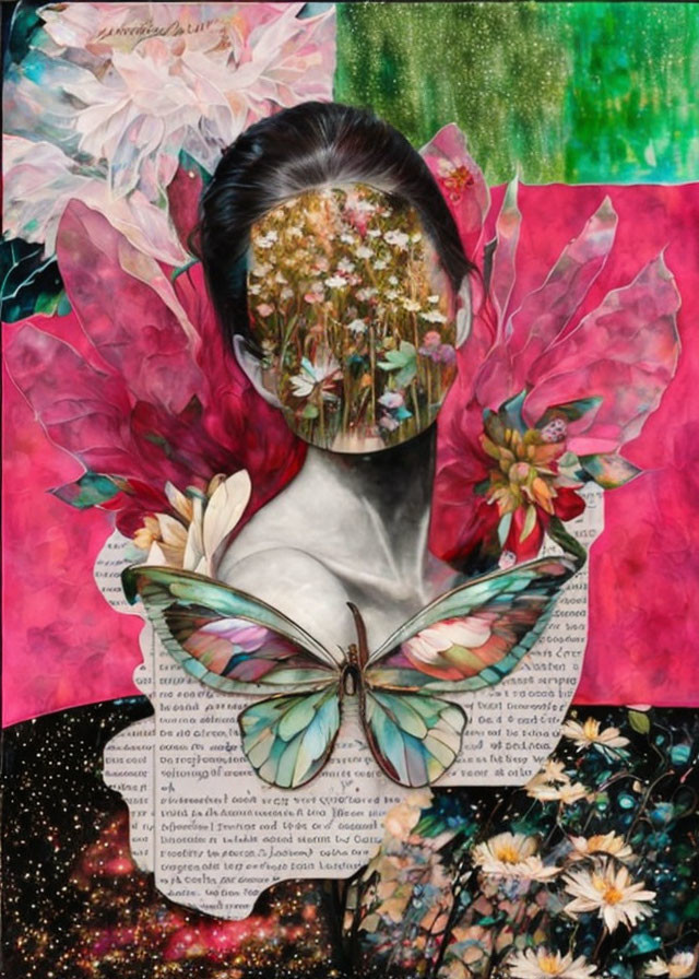 Surreal collage: Woman with flower-filled head and butterfly wings in cosmic backdrop