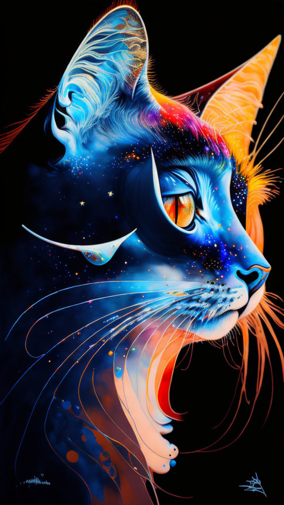 Colorful cosmic cat digital artwork with star-filled nebula pattern on black background