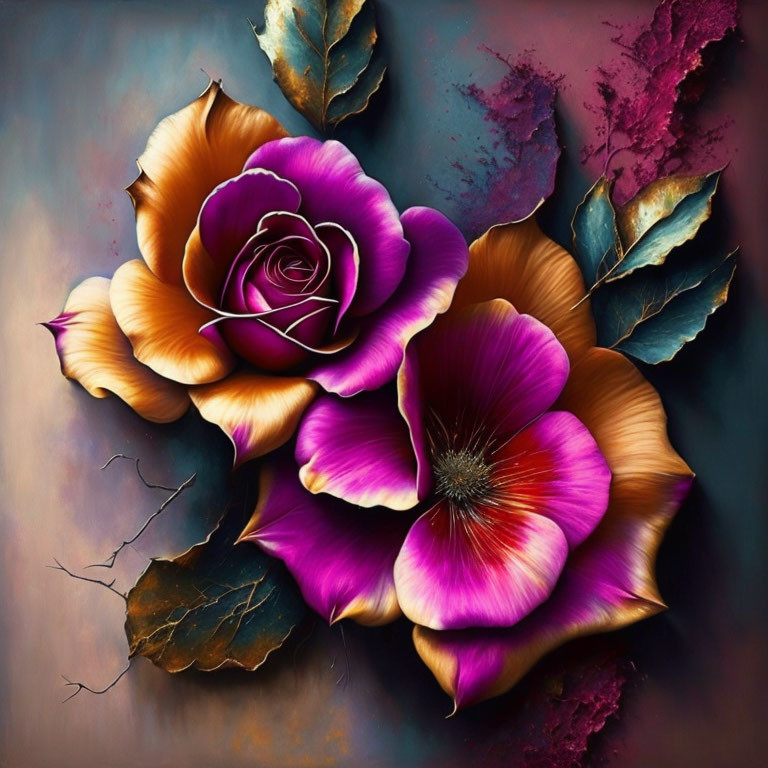 Colorful digital artwork: Purple rose, pink flower, gold petals, dark leaves on textured backdrop