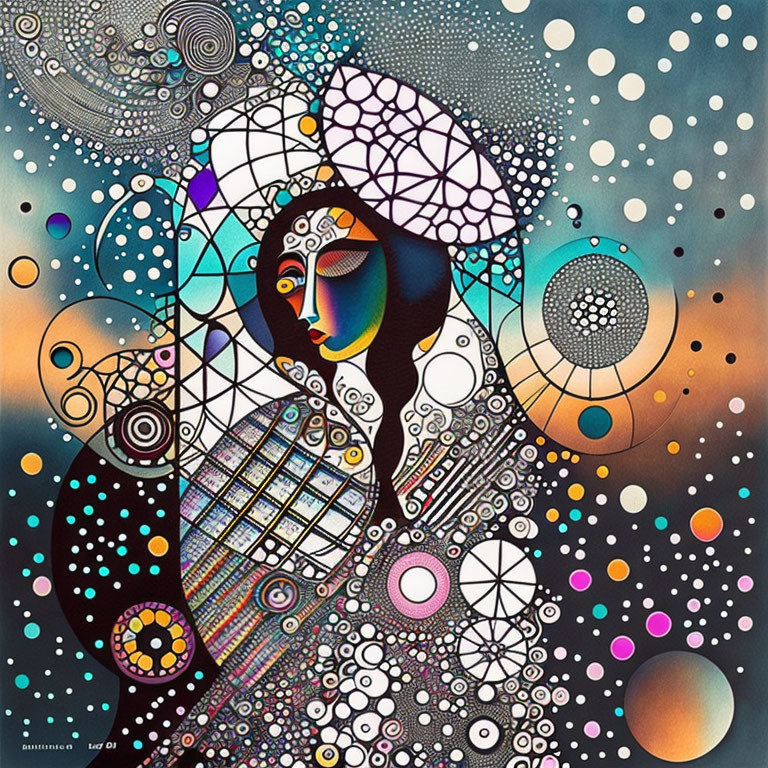 Vibrant psychedelic artwork: abstract patterns with celestial motifs and stylized woman.