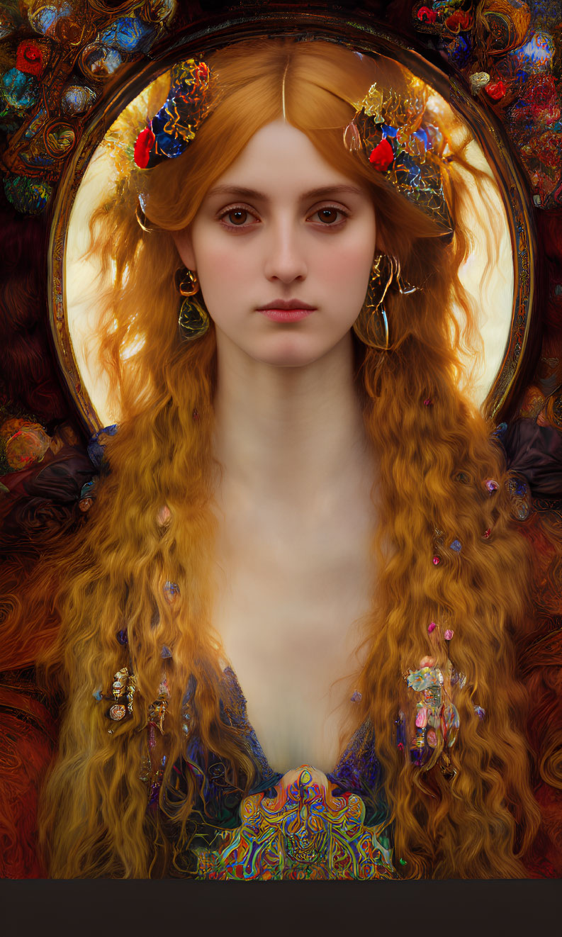 Woman with Auburn Hair and Halo in Colorful Painting