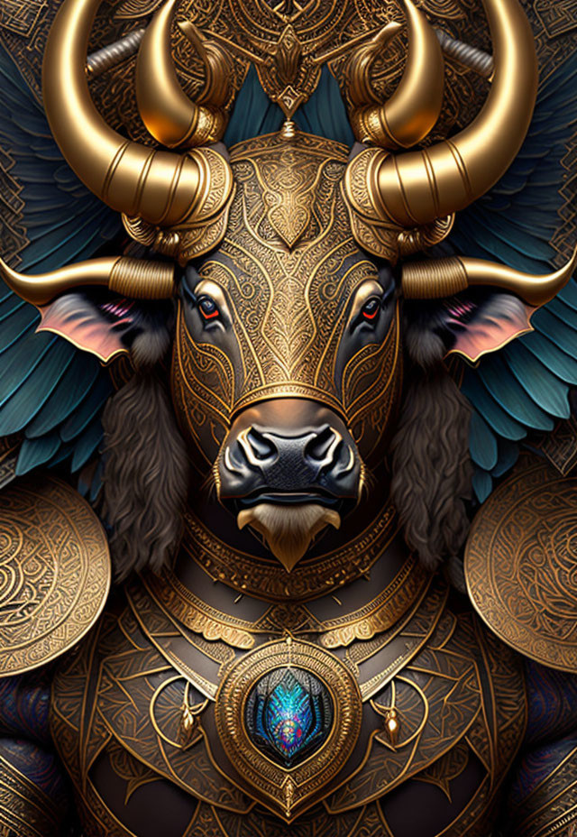 Majestic bull artwork with golden ornaments, blue wings, and mystical pendant