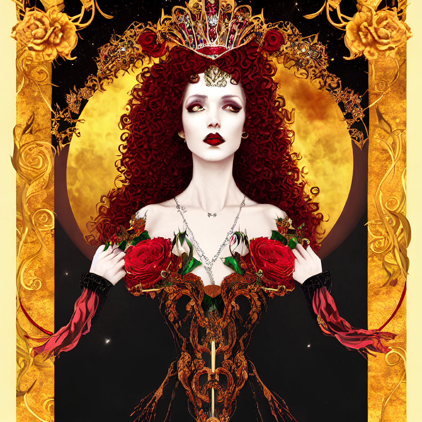 Regal Figure with Red Hair, Crown, and Rose Dress in Golden Frame