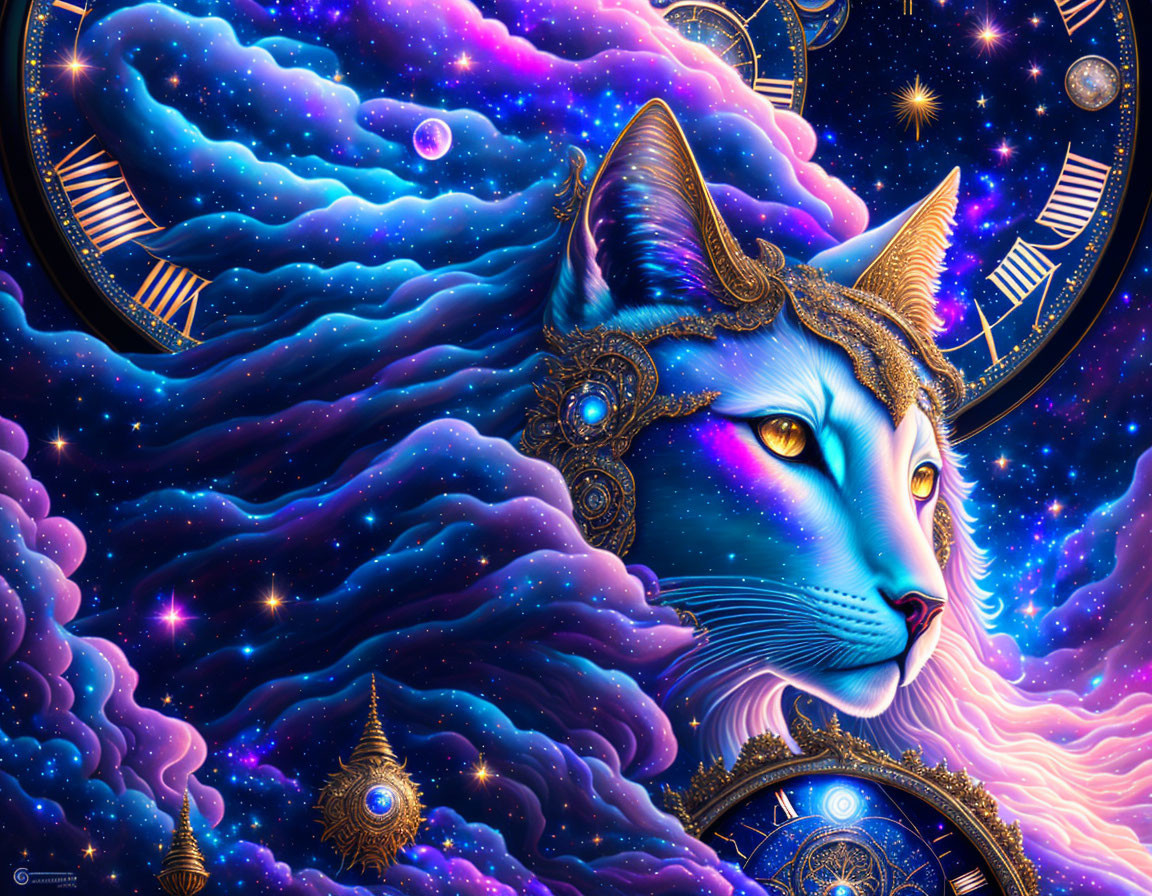 Colorful cosmic cat surrounded by galaxies and astrological symbols