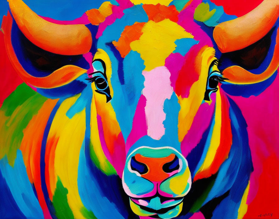 Colorful Cow Portrait with Abstract Patches & Expressive Eyes