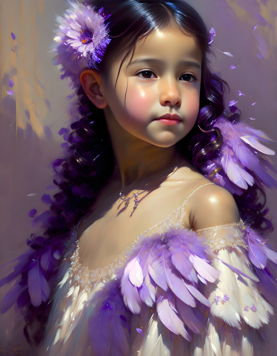 Portrait of young girl with dark hair and purple flower hair accessories in feathered dress against soft purple background