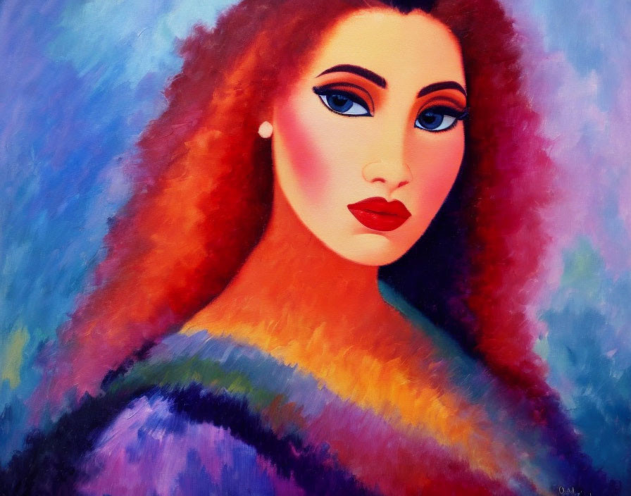 Colorful painting of a woman with red hair and blue eyes on abstract background