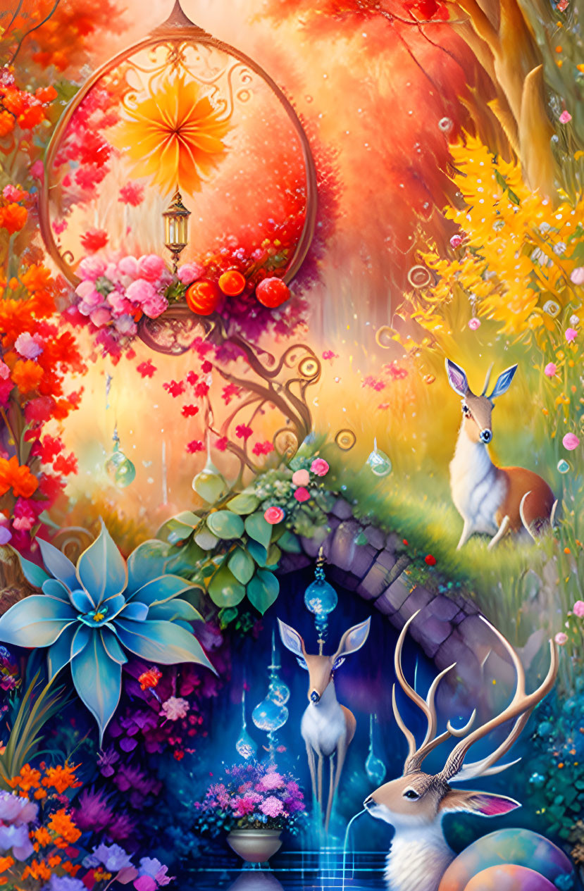 Colorful Fantasy Landscape with Magical Deer and Hanging Lantern