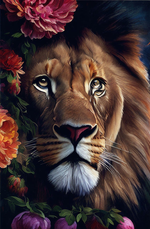 Lion's face painting with vibrant flowers and dark tones