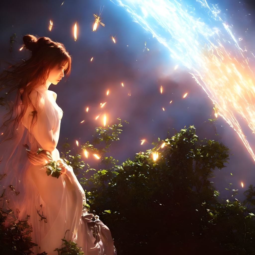 Woman in white watching meteor shower among glowing fireflies in mystical garden.