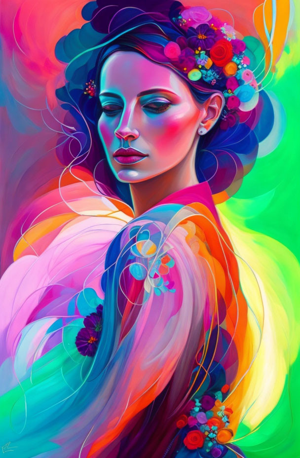 Colorful digital artwork featuring contemplative woman with floral hair and multicolored background