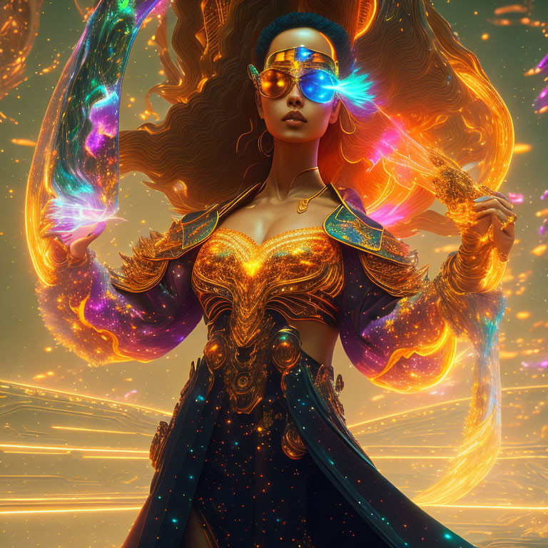 Stylized digital artwork: woman in golden armor with sunglasses surrounded by fiery cosmic energy