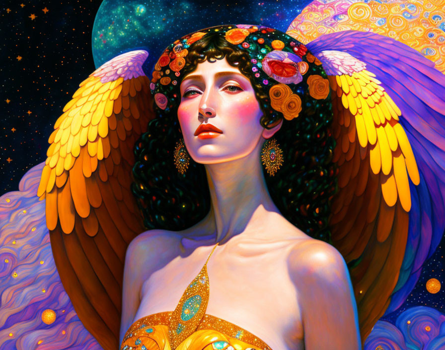 Vibrant orange winged woman with flower crown in starry night setting