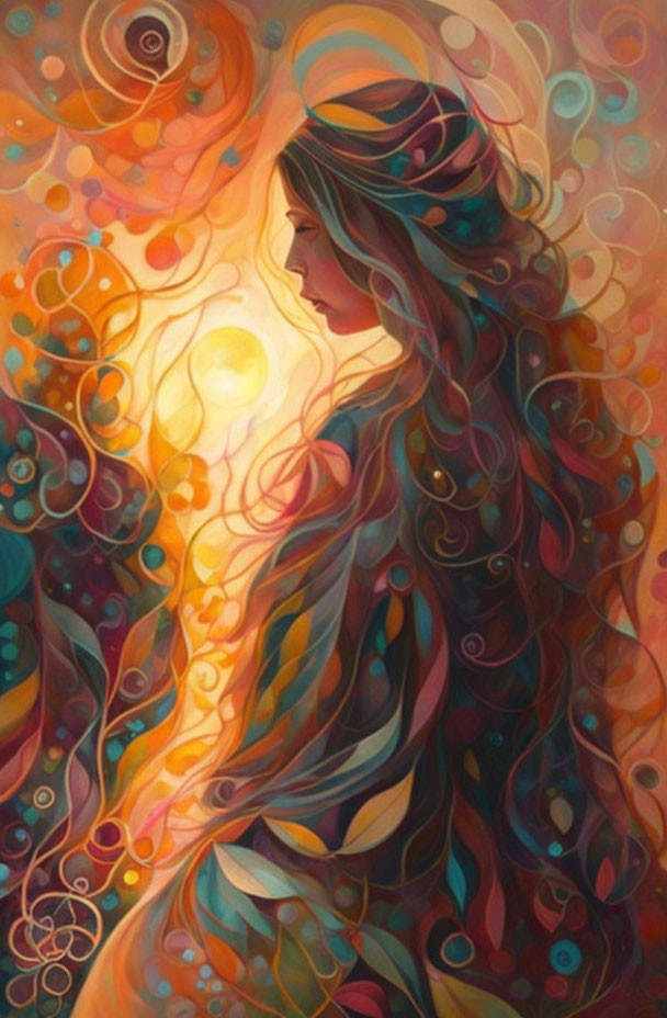 Colorful painting: Woman with flowing hair in abstract swirls