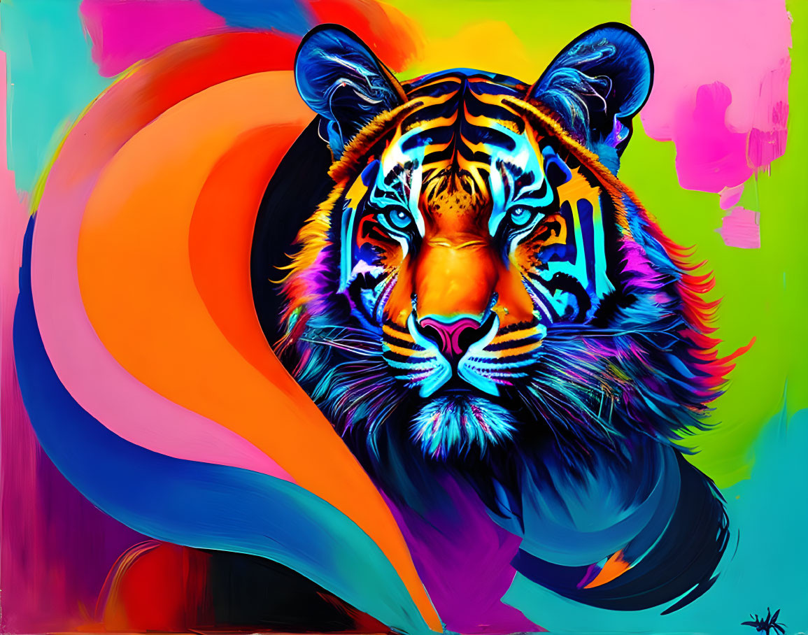 Colorful Tiger Head Painting with Neon Swirls and Splashes