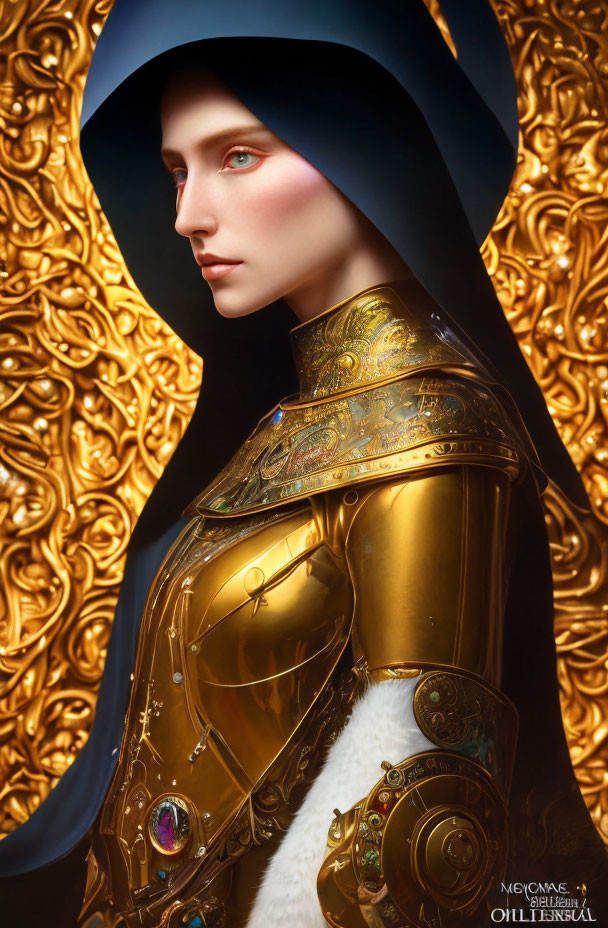 Golden Armor with Blue Hood on Ornate Gold Background