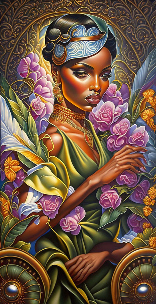 Stylized woman with colorful flowers and gold motifs.