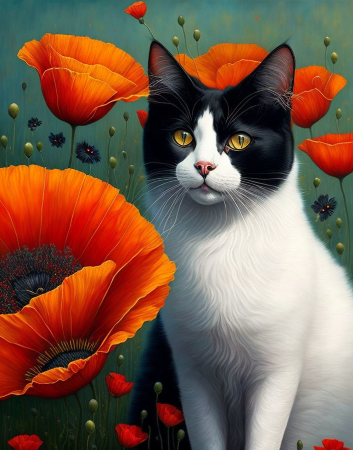 Black and White Cat with Yellow Eyes in Red Poppies and Blue Sky