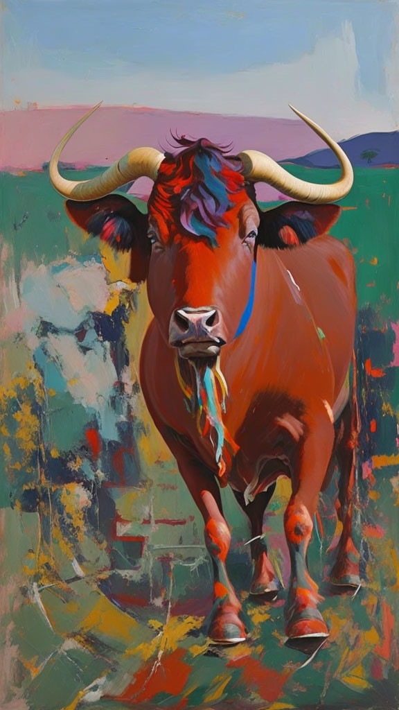 Colorful Bull Painting on Abstract Background with Prominent Horns