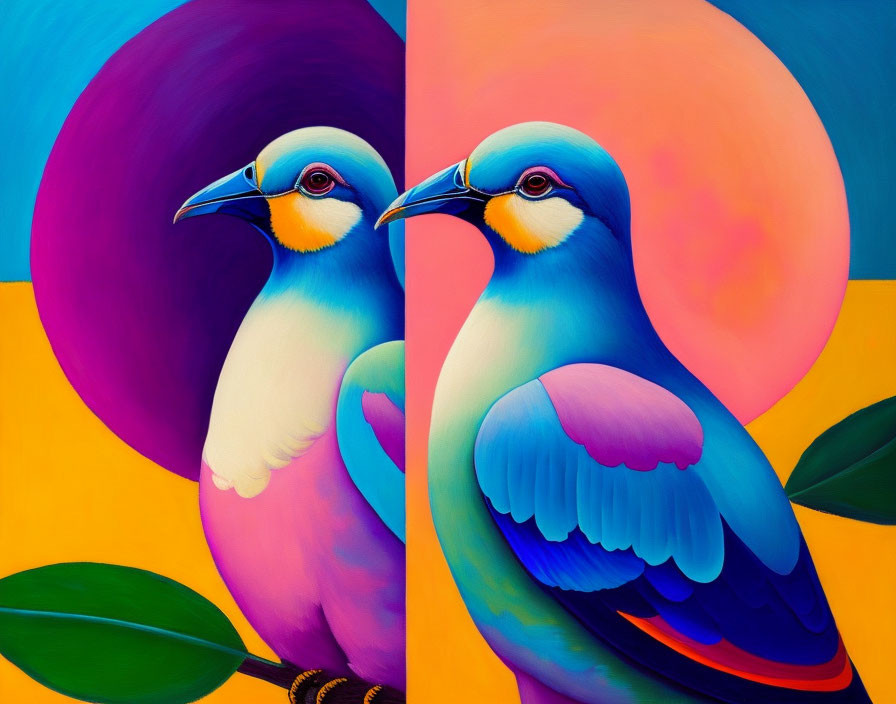 Colorful painting of stylized birds on geometric background