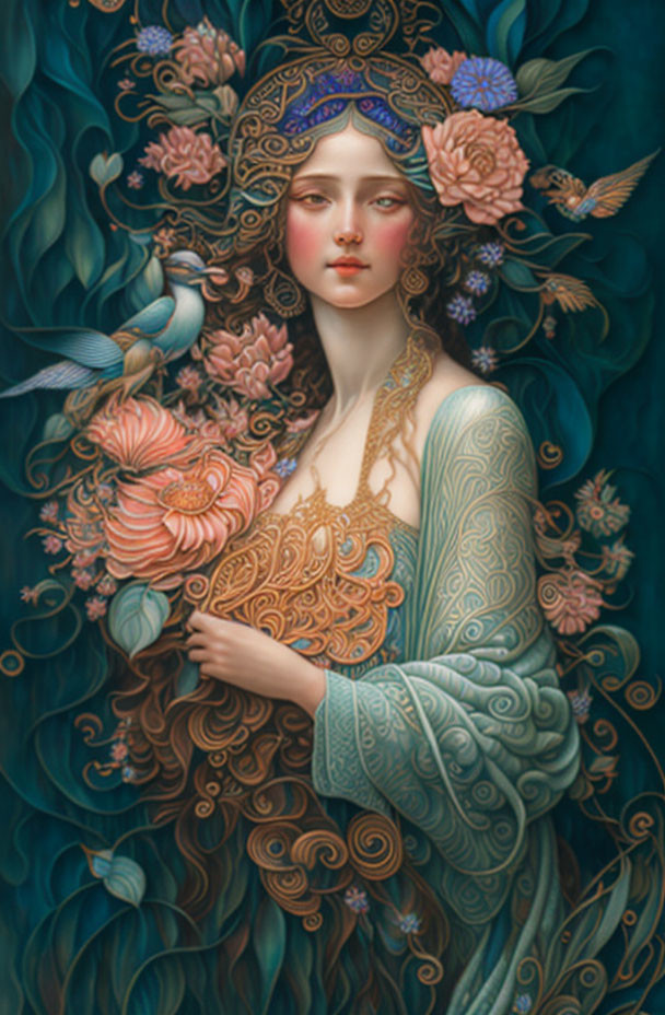 Ethereal female figure with flowing hair and bird in serene botanical setting