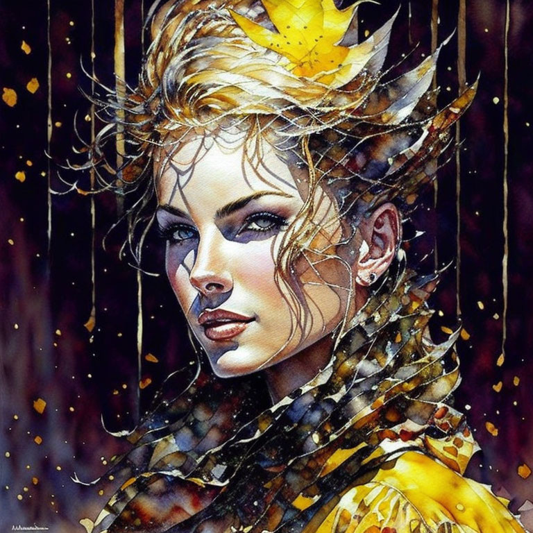 Stylized watercolor portrait of a woman with golden crown and intense gaze